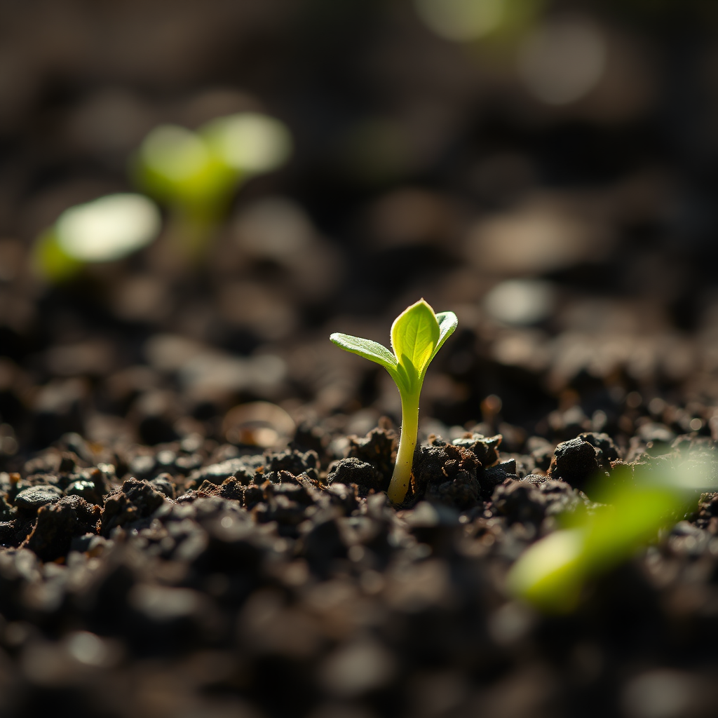 A close-up shot of a sprout growing from fertile soil. The soil is rich and dark, with visible textures. Soft sunlight illuminates the sprout, highlighting its vibrant green color. The background is blurred, creating a sense of depth and focus. The image should be in 8K resolution and have a shallow depth of field. The overall feeling should be one of growth, renewal, and sustainability.